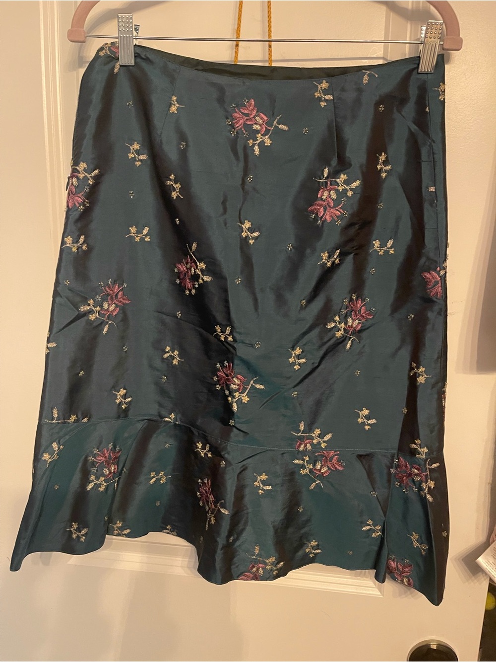 Intuitions Embroidered Teal Floral A-Line Midi Skirt